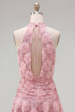 Pink A-Line Halter Neck Sequins Short Homecoming Dress with 3D Flowers