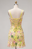 Yellow Bodycon Floral Embroidered Ruffled Homecoming Dress with Lace Up Back