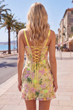 Yellow Bodycon Floral Embroidered Ruffled Homecoming Dress with Lace Up Back