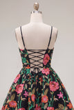 A-Line Black Red Flower Embroidered Homecoming Dress with Lace Up Back