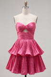 Metallic Green A-Line Tiered Sweetheart Pleated Ruched Cut Out Homecoming Dress