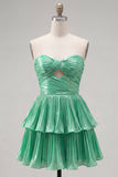 Metallic Green A-Line Tiered Sweetheart Pleated Ruched Cut Out Homecoming Dress