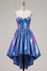 Royal Blue Metallic A-Line Sweetheart Ruched Corset Asymmetrical Homecoming Dress
