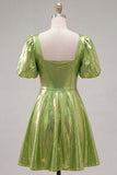 Yellow Metallic A-Line Square Neck Homecoming Dress with Puff Sleeves