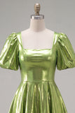 Yellow Metallic A-Line Square Neck Homecoming Dress with Puff Sleeves