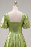 Yellow Metallic A-Line Square Neck Homecoming Dress with Puff Sleeves