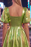 Yellow Metallic A-Line Square Neck Homecoming Dress with Puff Sleeves
