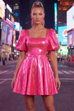 Yellow Metallic A-Line Square Neck Homecoming Dress with Puff Sleeves