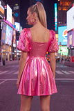 Yellow Metallic A-Line Square Neck Homecoming Dress with Puff Sleeves