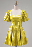Yellow Metallic A-Line Square Neck Homecoming Dress with Puff Sleeves