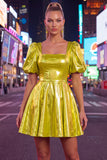 Yellow Metallic A-Line Square Neck Homecoming Dress with Puff Sleeves