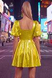 Yellow Metallic A-Line Square Neck Homecoming Dress with Puff Sleeves