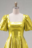 Yellow Metallic A-Line Square Neck Homecoming Dress with Puff Sleeves