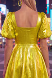 Yellow Metallic A-Line Square Neck Homecoming Dress with Puff Sleeves