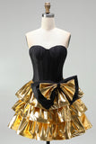 A-Line Black Golden Tiered Sweetheart Corset Homecoming Dress with Bow