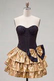 A-Line Black Golden Tiered Sweetheart Corset Homecoming Dress with Bow
