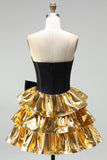 A-Line Black Golden Tiered Sweetheart Corset Homecoming Dress with Bow