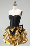 A-Line Black Golden Tiered Sweetheart Corset Homecoming Dress with Bow