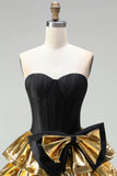 A-Line Black Golden Tiered Sweetheart Corset Homecoming Dress with Bow