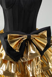A-Line Black Golden Tiered Sweetheart Corset Homecoming Dress with Bow