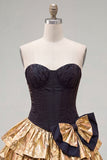 A-Line Black Golden Tiered Sweetheart Corset Homecoming Dress with Bow