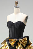 A-Line Black Golden Tiered Sweetheart Corset Homecoming Dress with Bow