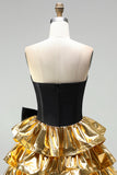 A-Line Black Golden Tiered Sweetheart Corset Homecoming Dress with Bow