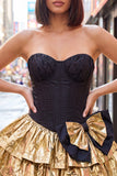 A-Line Black Golden Tiered Sweetheart Corset Homecoming Dress with Bow