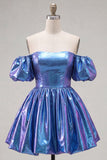 Off the Shoulder Blue A-Line Metallic Homecoming Dress with Puff Sleeves
