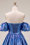 Off the Shoulder Blue A-Line Metallic Homecoming Dress with Puff Sleeves