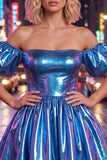 Off the Shoulder Blue A-Line Metallic Homecoming Dress with Puff Sleeves