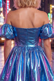 Off the Shoulder Blue A-Line Metallic Homecoming Dress with Puff Sleeves
