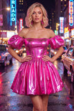 Off the Shoulder Blue A-Line Metallic Homecoming Dress with Puff Sleeves