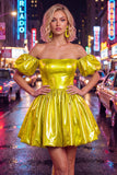 Off the Shoulder Blue A-Line Metallic Homecoming Dress with Puff Sleeves