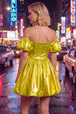 Off the Shoulder Blue A-Line Metallic Homecoming Dress with Puff Sleeves