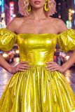 Off the Shoulder Blue A-Line Metallic Homecoming Dress with Puff Sleeves