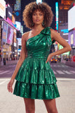 One Shoulder Fuchsia A-Line Metallic Tiered Ruched Homecoming Dress with Bow