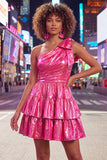 One Shoulder Fuchsia A-Line Metallic Tiered Ruched Homecoming Dress with Bow