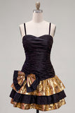 Black Golden A-Line Tiered Spaghetti Straps Homecoming Dress with Bow