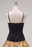 Black Golden A-Line Tiered Spaghetti Straps Homecoming Dress with Bow