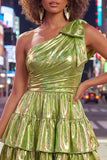 One Shoulder Fuchsia A-Line Metallic Tiered Ruched Homecoming Dress with Bow