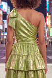 One Shoulder Fuchsia A-Line Metallic Tiered Ruched Homecoming Dress with Bow