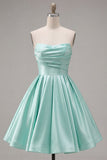 Mint A-Line Strapless Satin Ruched Homecoming Dress