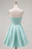 Mint A-Line Strapless Satin Ruched Homecoming Dress