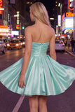 Mint A-Line Strapless Satin Ruched Homecoming Dress