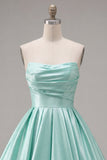 Mint A-Line Strapless Satin Ruched Homecoming Dress