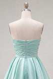 Mint A-Line Strapless Satin Ruched Homecoming Dress