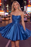 Mint A-Line Strapless Satin Ruched Homecoming Dress