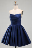 Mint A-Line Strapless Satin Ruched Homecoming Dress
