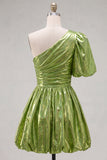 Green A-Line One Shoulder Ruched Metallic Homecoming Dress